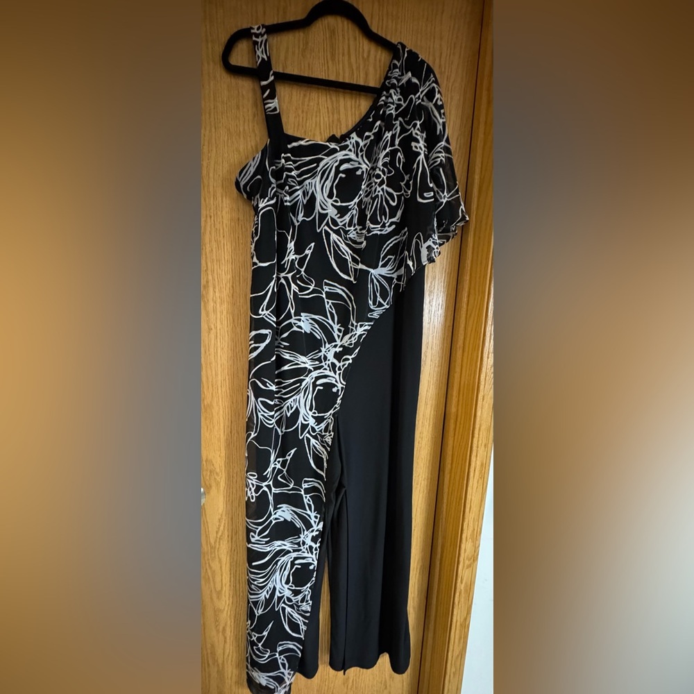 R & M Richards Plus Size Asymmetric-Neck Overlay Jumpsuit, Black, Size 18W